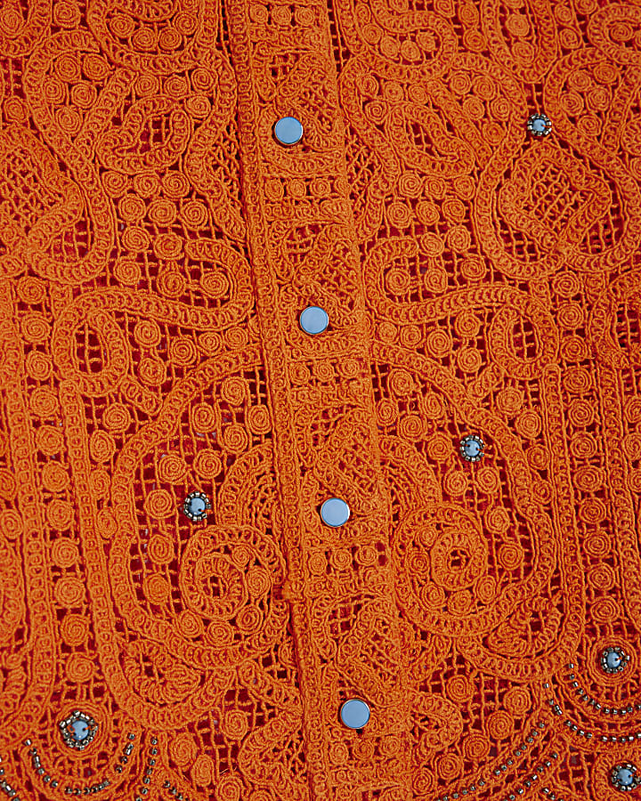 Orange Crochet Long Sleeve Embellished Shirt