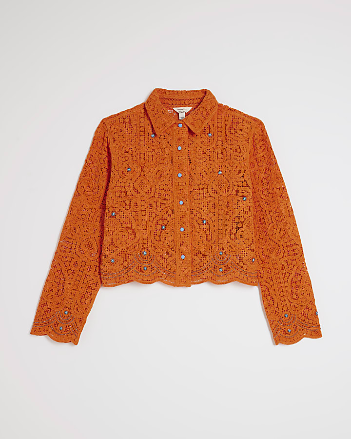 Orange Crochet Long Sleeve Embellished Shirt
