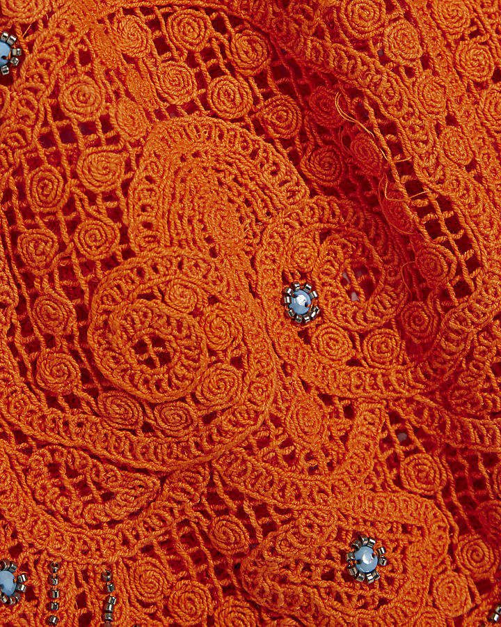 Orange Crochet Embellished Beach Shorts