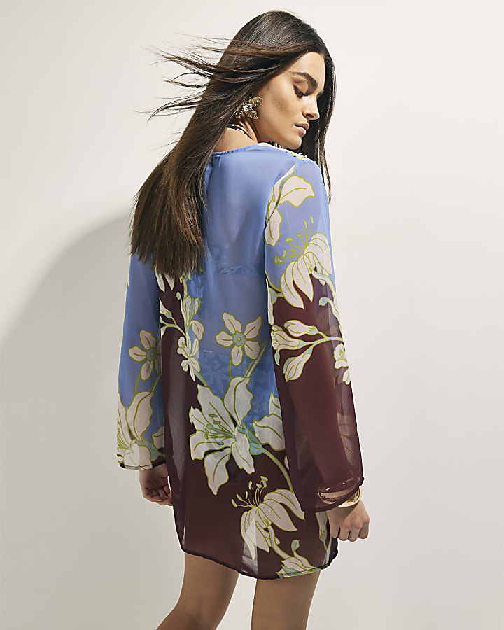 Brown Tropical Border Print Beach Tunic