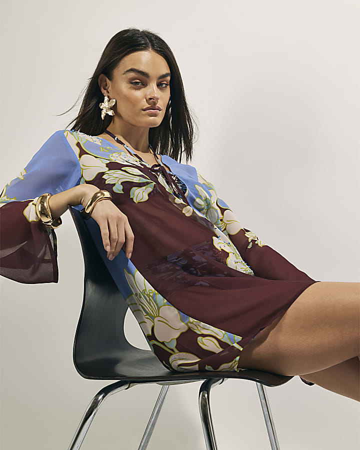 Brown Tropical Border Print Beach Tunic