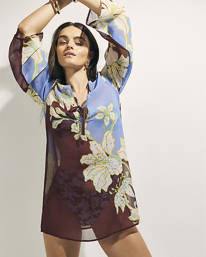 Brown Tropical Border Print Beach Tunic