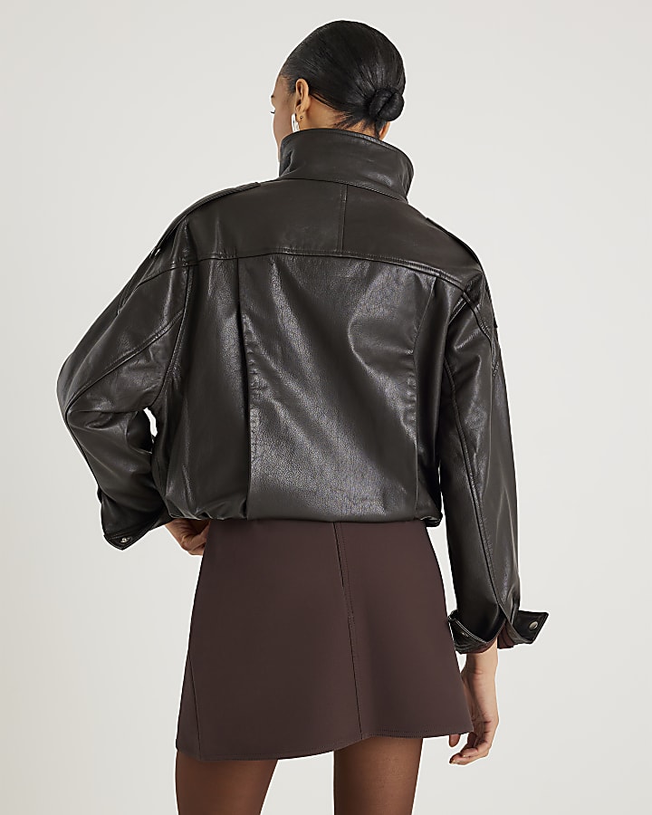 Brown Faux Leather Split Hem Mini Skirt