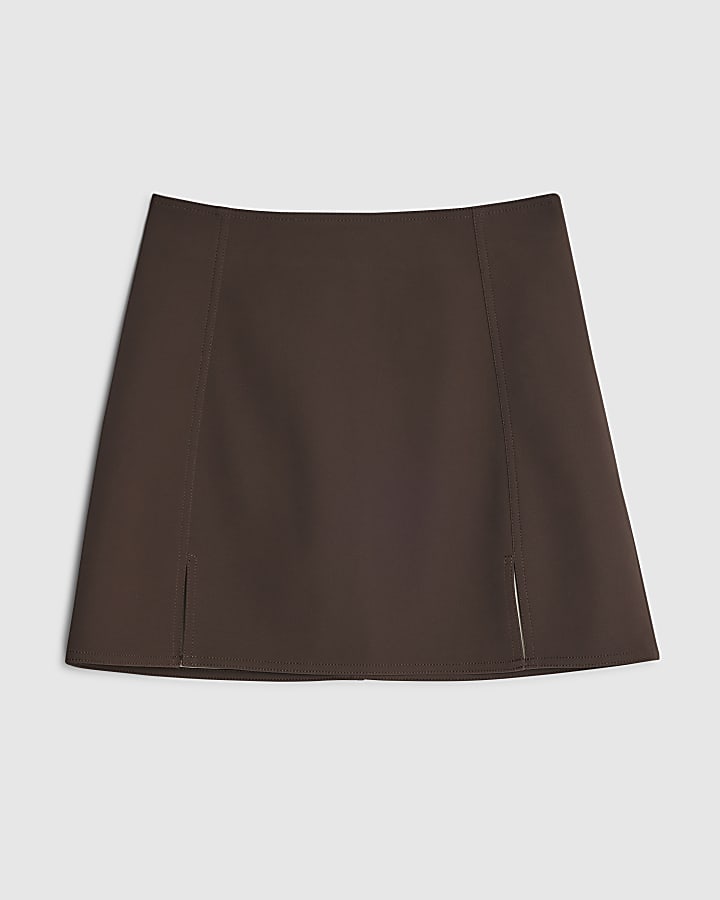 Brown Faux Leather Split Hem Mini Skirt