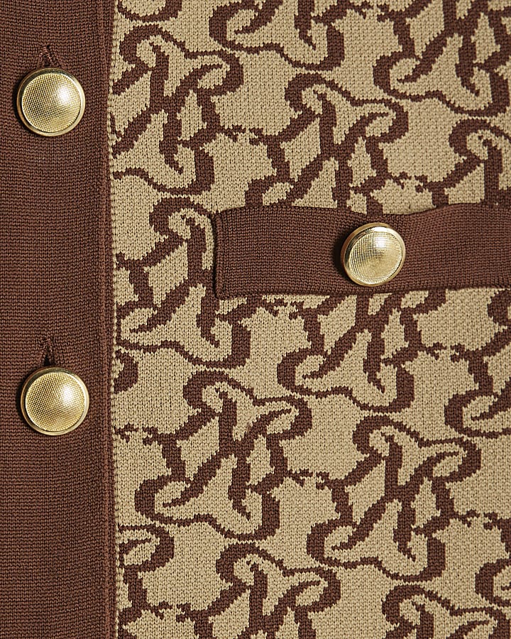 Brown Knitted Monogram Print Cardigan