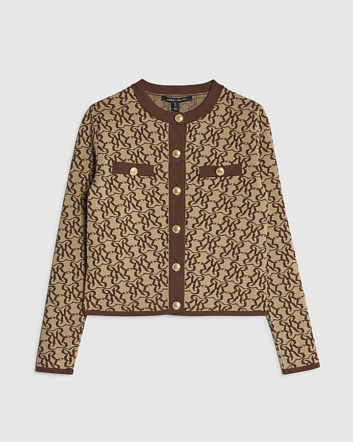Brown Knitted Monogram Print Cardigan