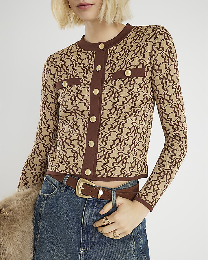 Brown Knitted Monogram Print Cardigan