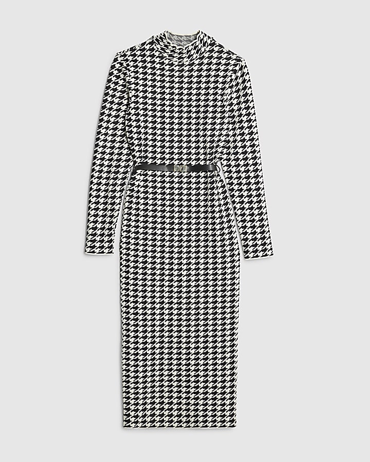 Black Knitted Dogtooth Belted Midi Dress