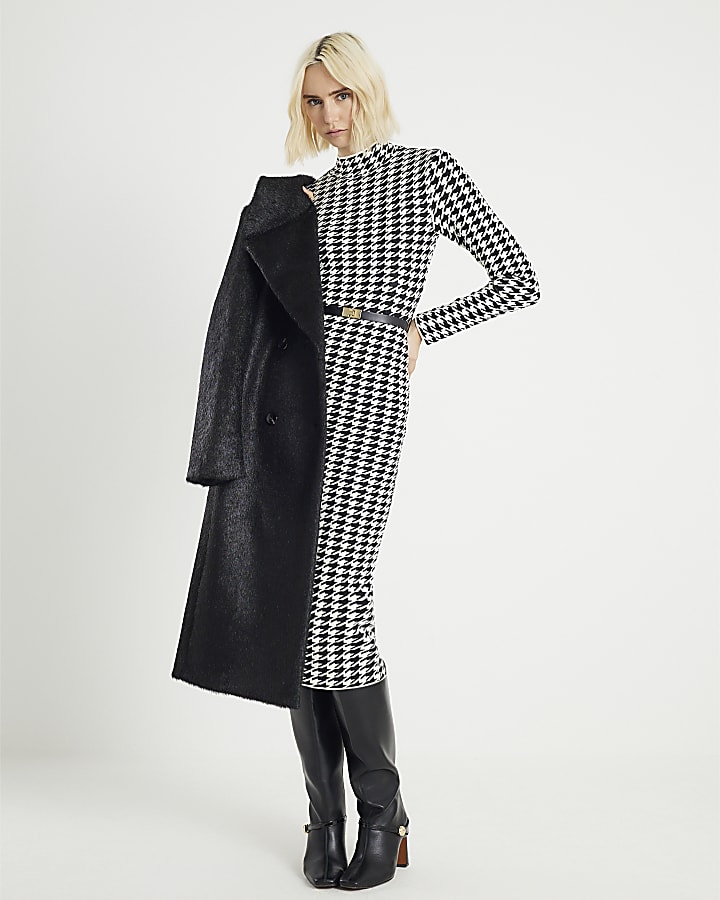 Black Knitted Dogtooth Belted Midi Dress