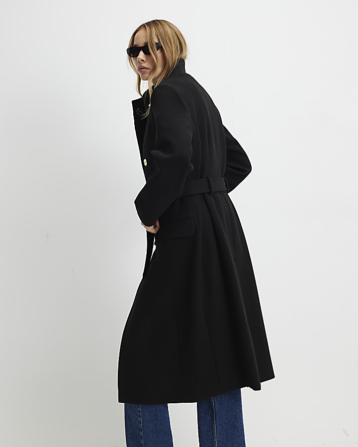Black Funnel Neck Wrap Longline Coat