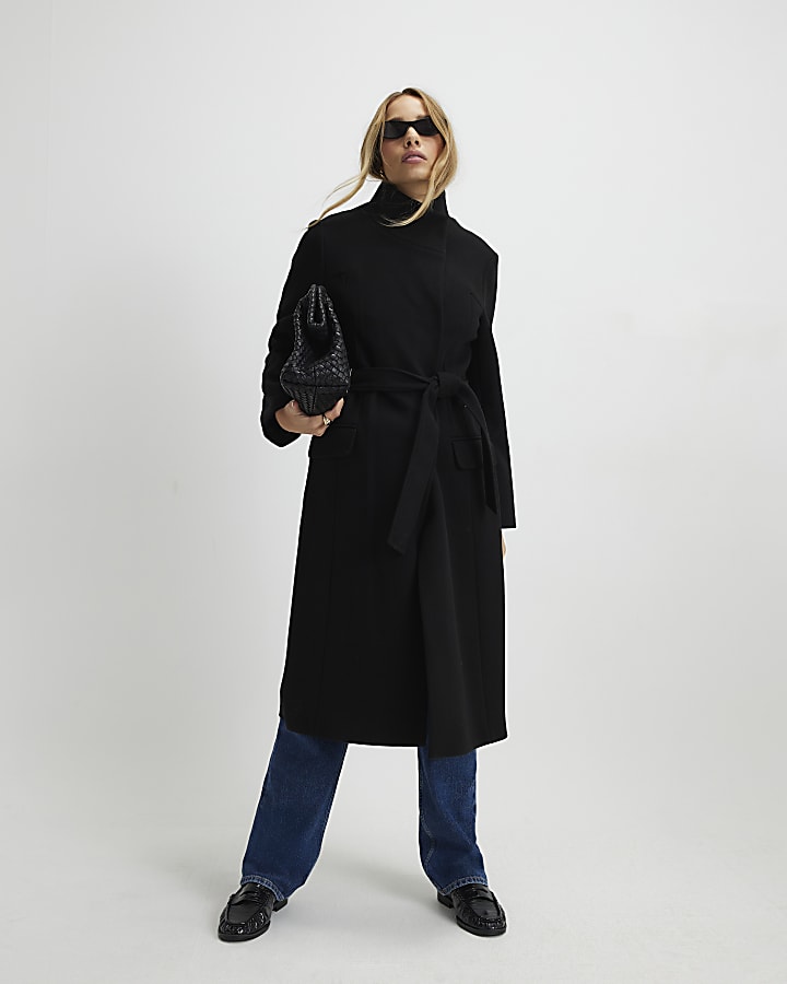 Black Funnel Neck Wrap Longline Coat