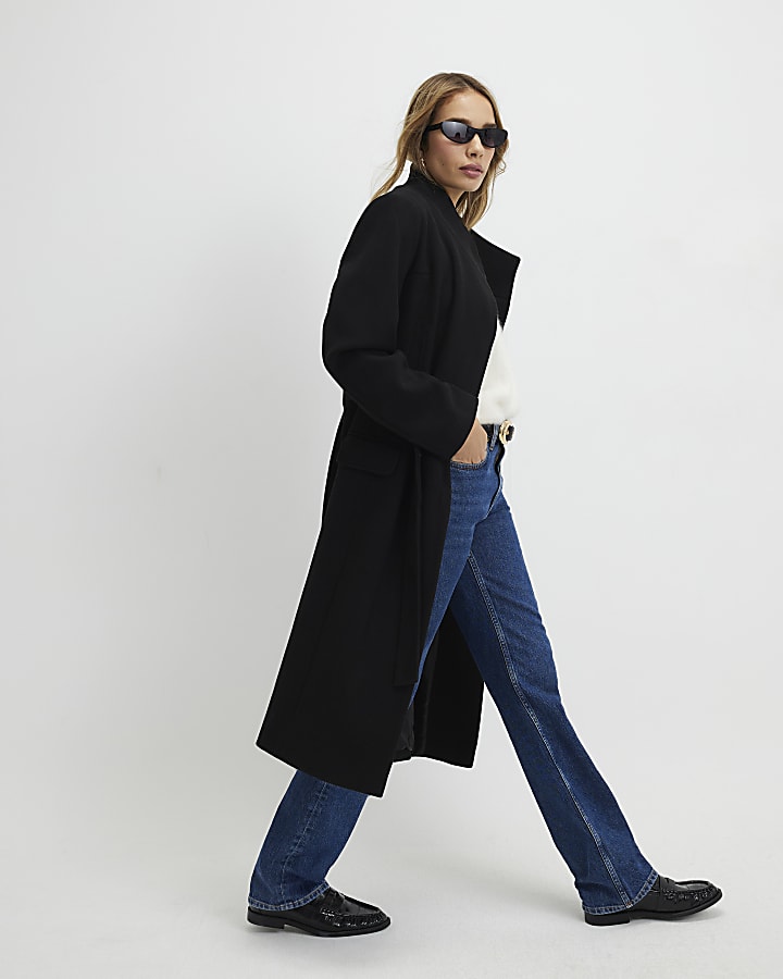 Black Funnel Neck Wrap Longline Coat