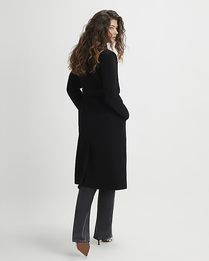 Black High Neck Wrap Belted Coat