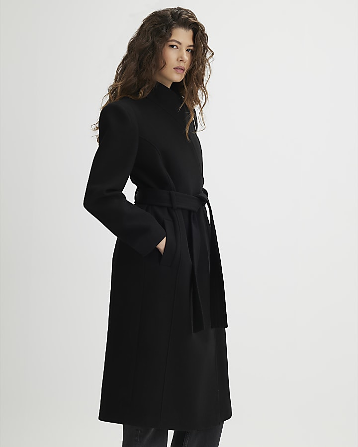 Black High Neck Wrap Belted Coat