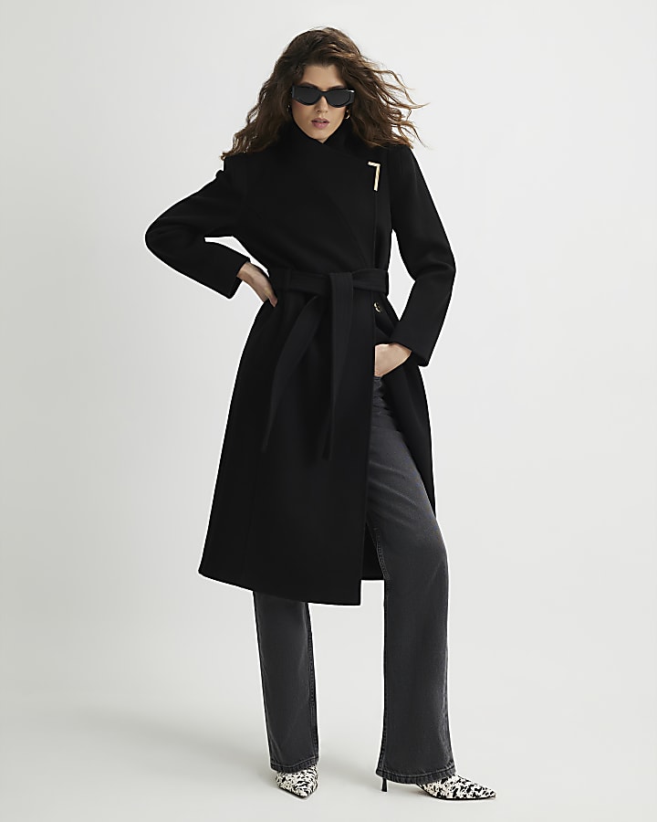 Black High Neck Wrap Belted Coat
