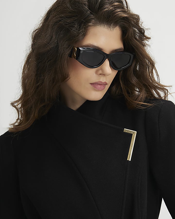 Black High Neck Wrap Belted Coat