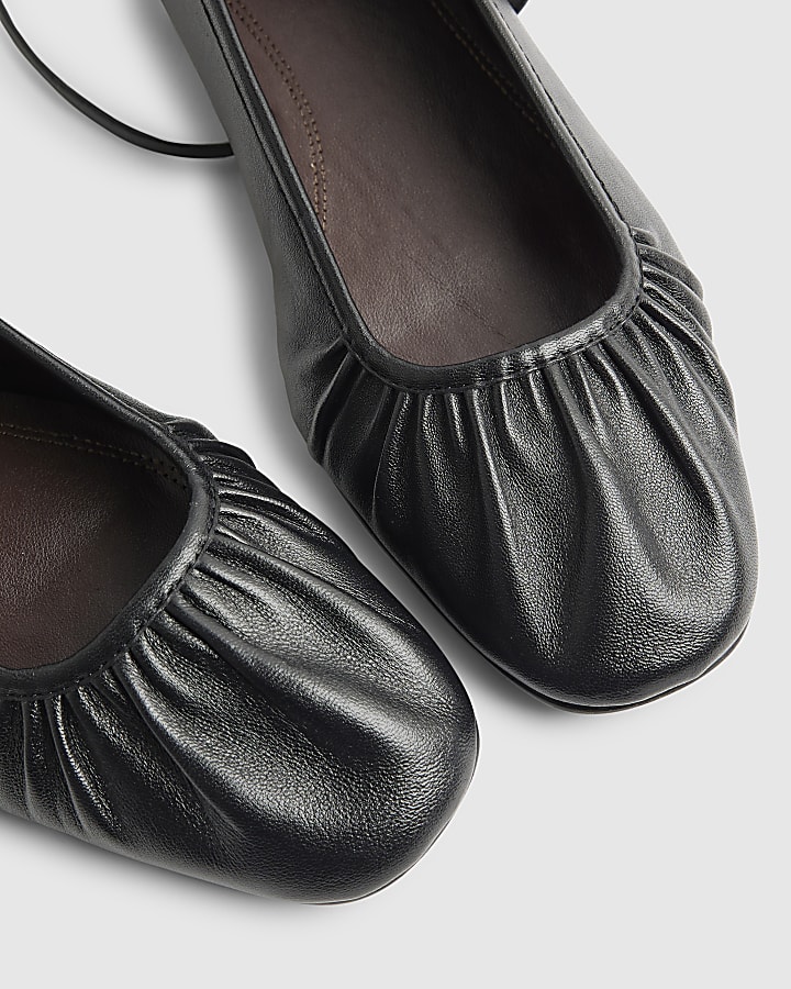 Black Leather Ankle Strapped Ballet Pumps