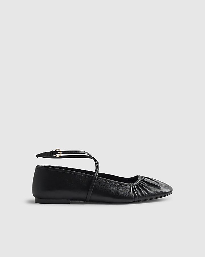 Black Leather Ankle Strap Ballet Pumps