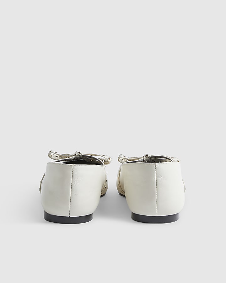 Cream Eyelet Bow Square Toe Ballet Pumps