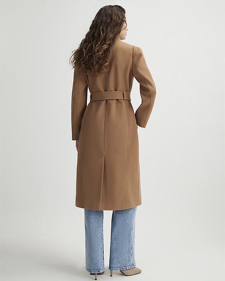Brown High Neck Wrap Belted Coat