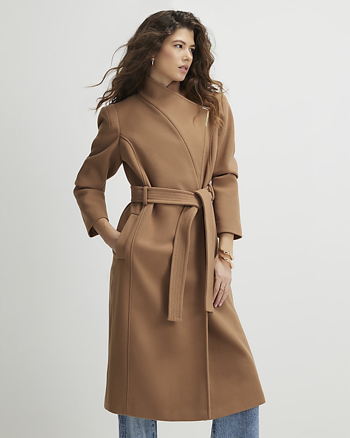 Brown High Neck Wrap Belted Coat