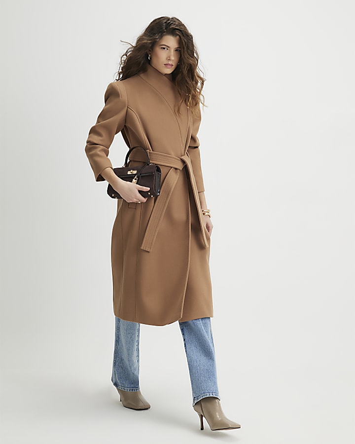 Brown High Neck Wrap Belted Coat