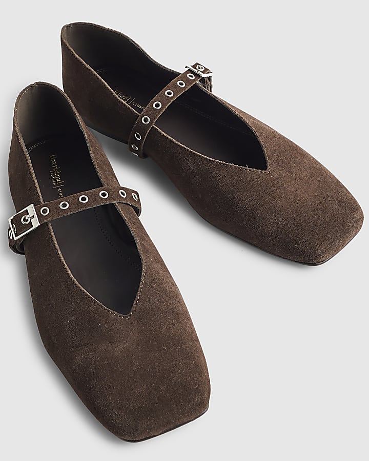 Brown Suede Eyelet Square Toe Ballet Pumps