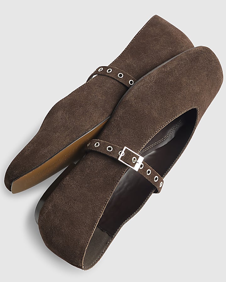 Brown Suede Eyelet Square Toe Ballet Pumps