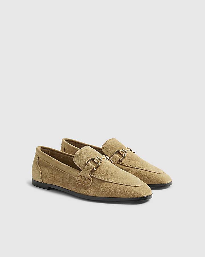 Beige Suede Snaffle Chain Loafers