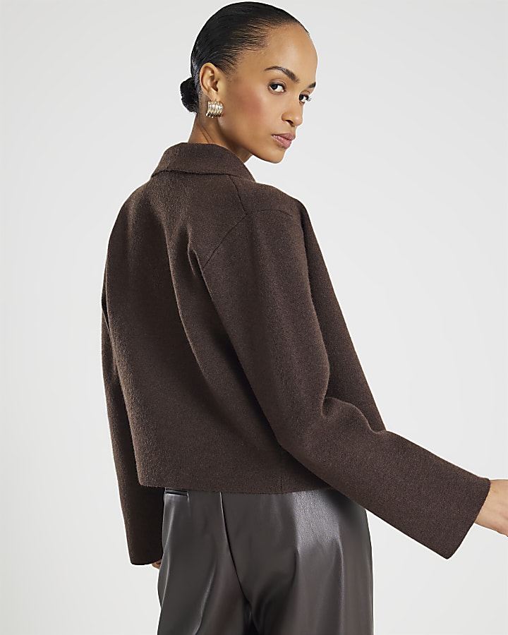 Brown Knitted Short Waterfall Cardigan