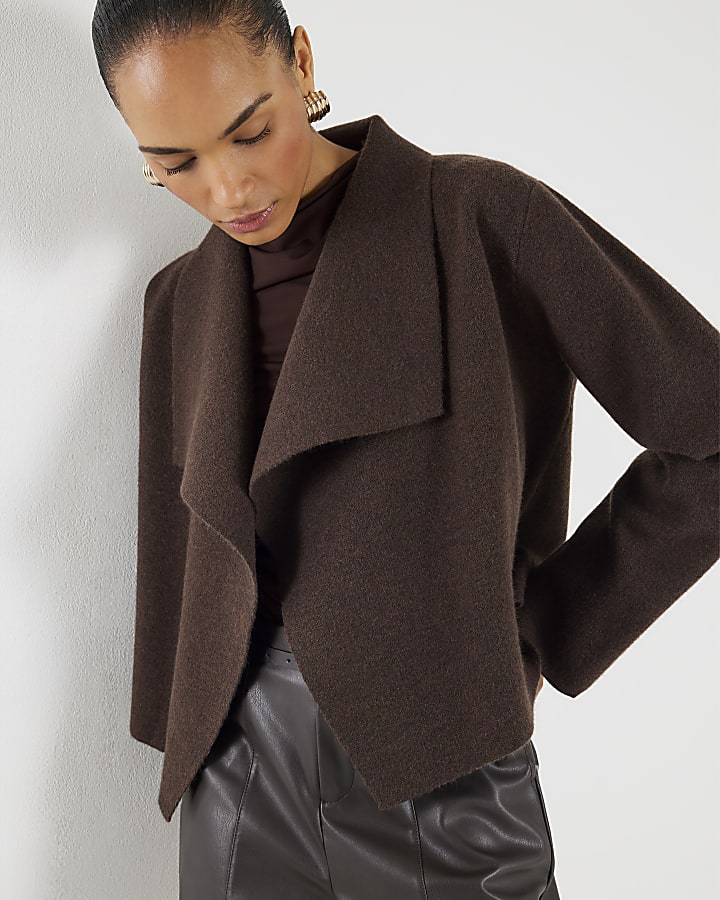 Brown Knitted Short Waterfall Cardigan