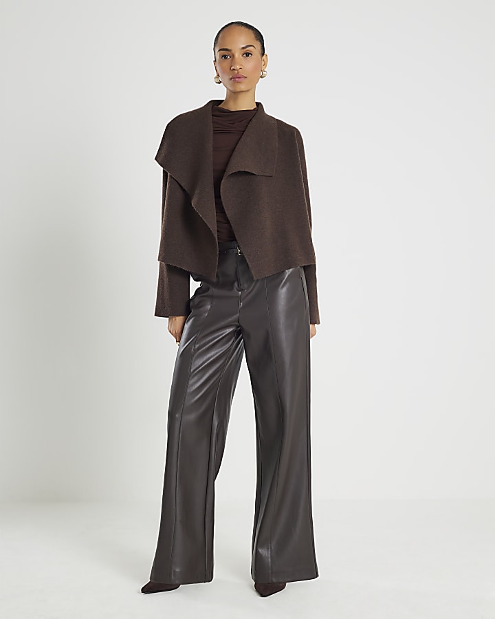 Brown Knitted Short Waterfall Cardigan