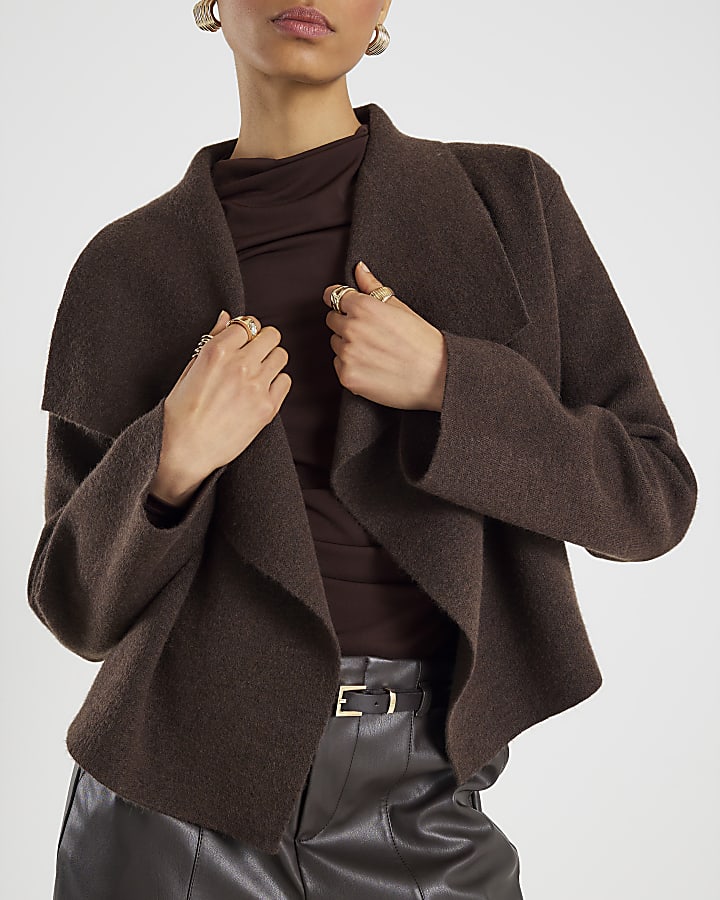 Brown Knitted Short Waterfall Cardigan