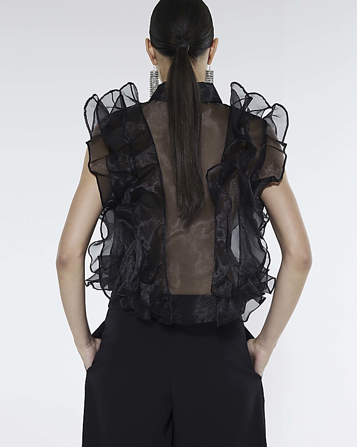 Black Sheer Ruffle Blouse