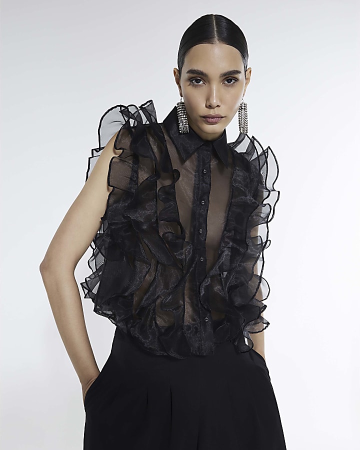 Black Sheer Ruffle Blouse
