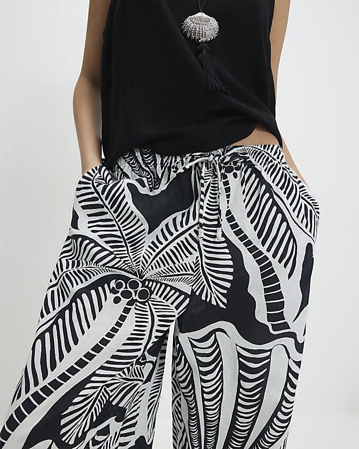 Petite Black Linen Blend Printed Trousers