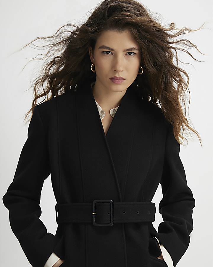 Black Clean Belted Robe Coat