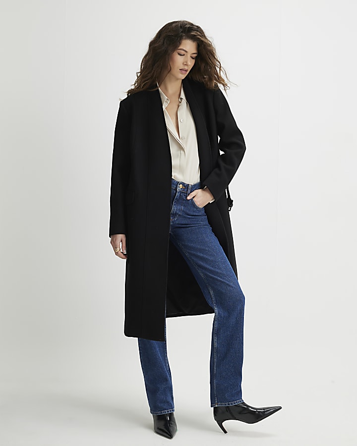 Black Clean Belted Robe Coat