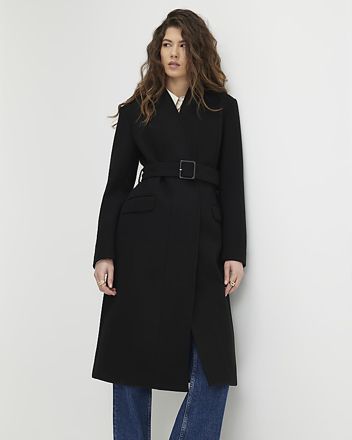 Black Clean Belted Robe Coat