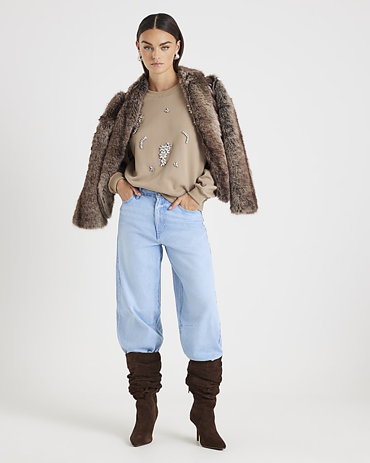 Beige Long Sleeve Embellished Sweatshirt