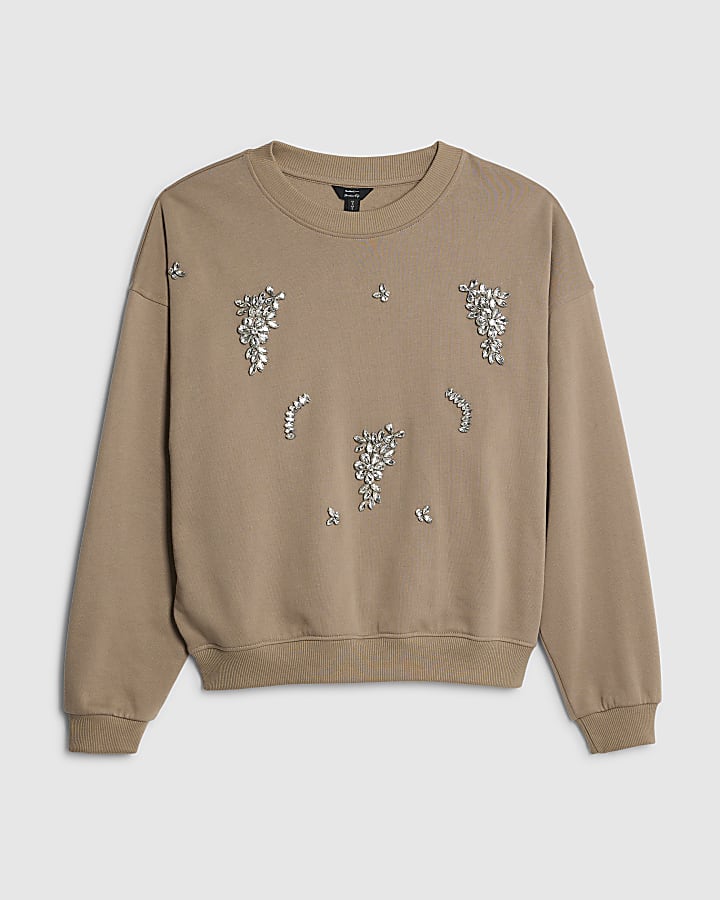 Beige Long Sleeve Embellished Sweatshirt