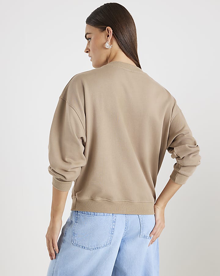 Beige Long Sleeve Embellished Sweatshirt