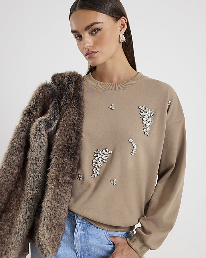 Beige Long Sleeve Embellished Sweatshirt