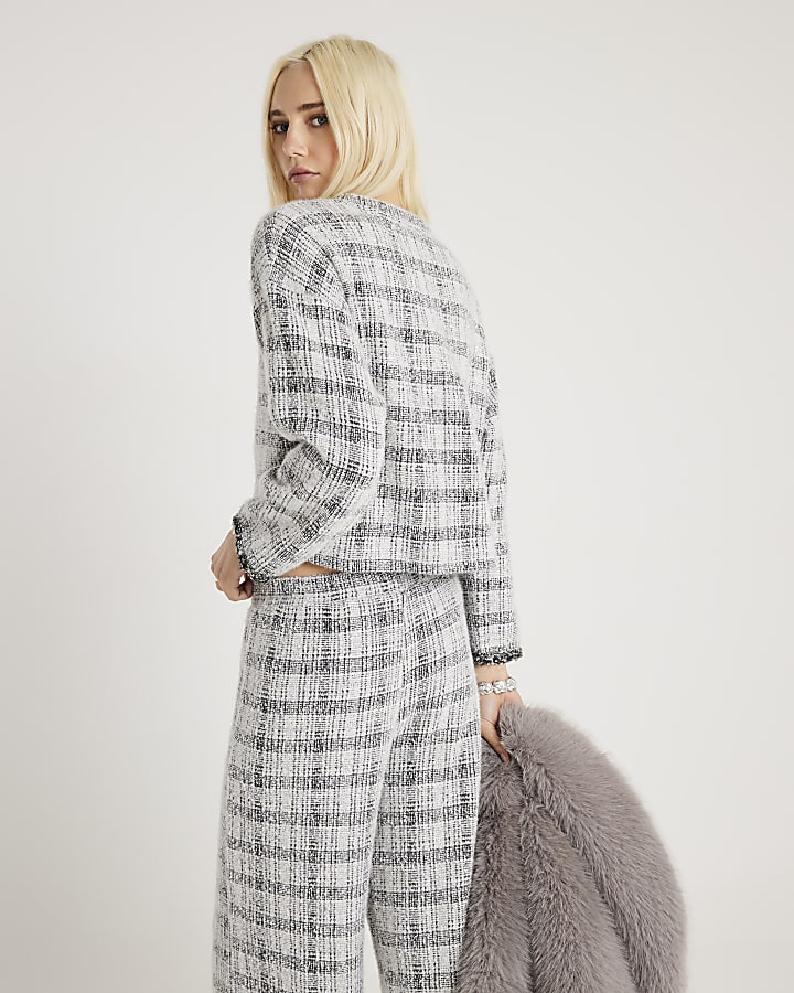 Grey Boucle Check Long Sleeve Top
