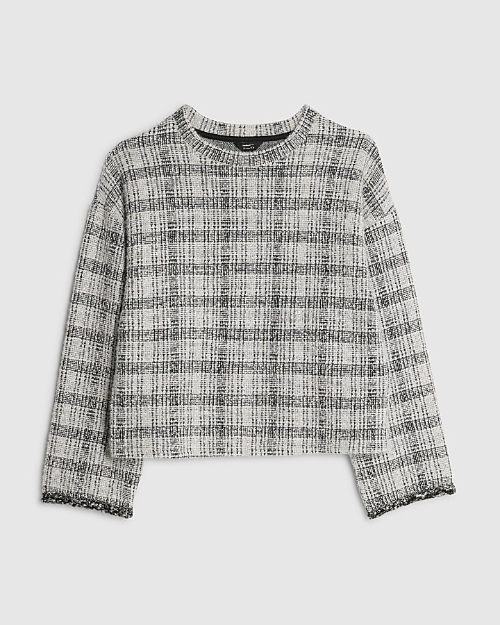 Grey Boucle Check Long Sleeve Top