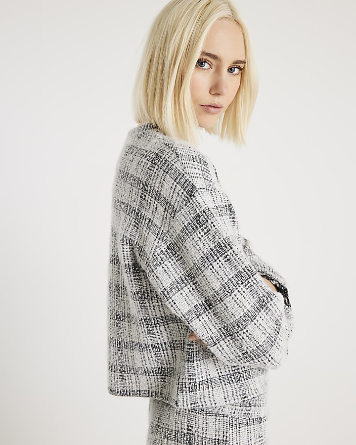 Grey Boucle Check Long Sleeve Top
