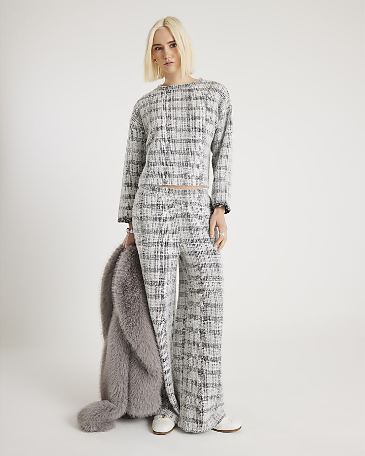 Grey Boucle Check Long Sleeve Top