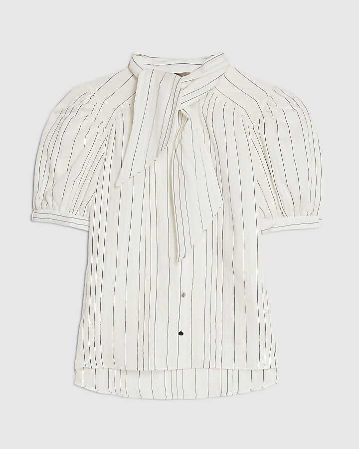 White Striped Short Sleeve Pussybow Blouse