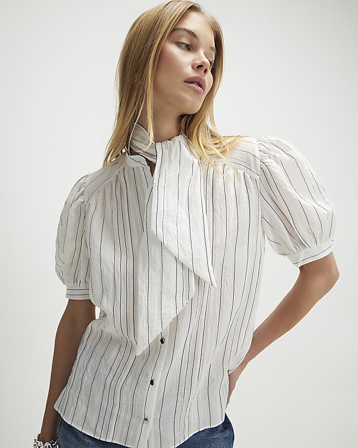 White Striped Short Sleeve Pussybow Blouse