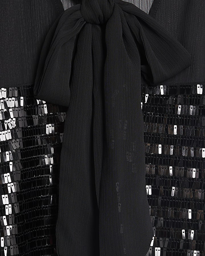 Black Sequin Pussybow Top